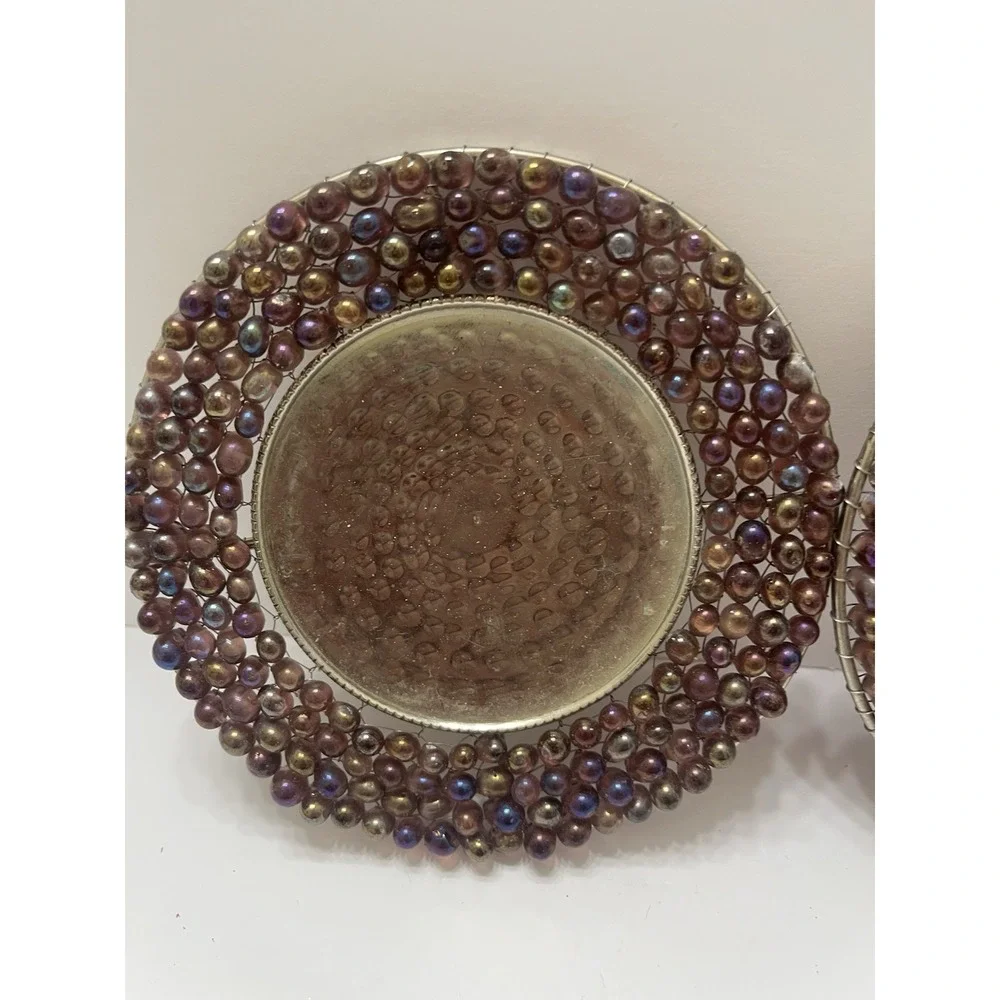 Purple Beaded Pillar Candle Plates Set Of 2 Hammered Pewter Round 5.25